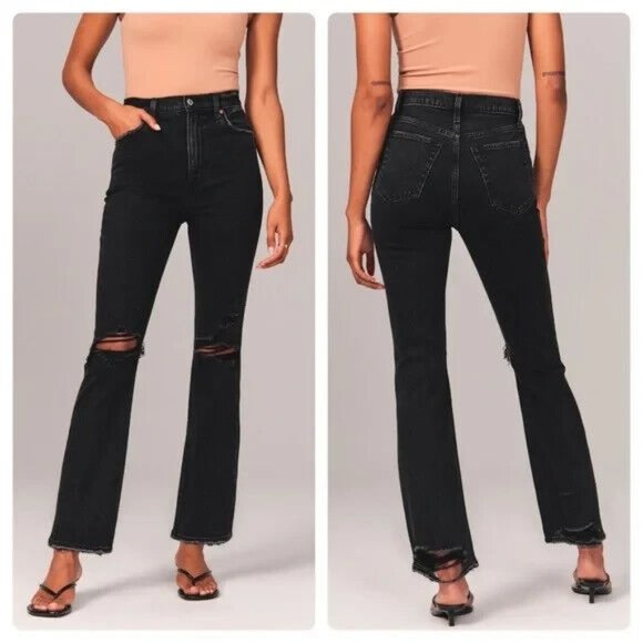 Abercrombie & Fitch Black Ankle Straight Ultra High Rise Jean 26 / 2L Distressed - Picture 1 of 8